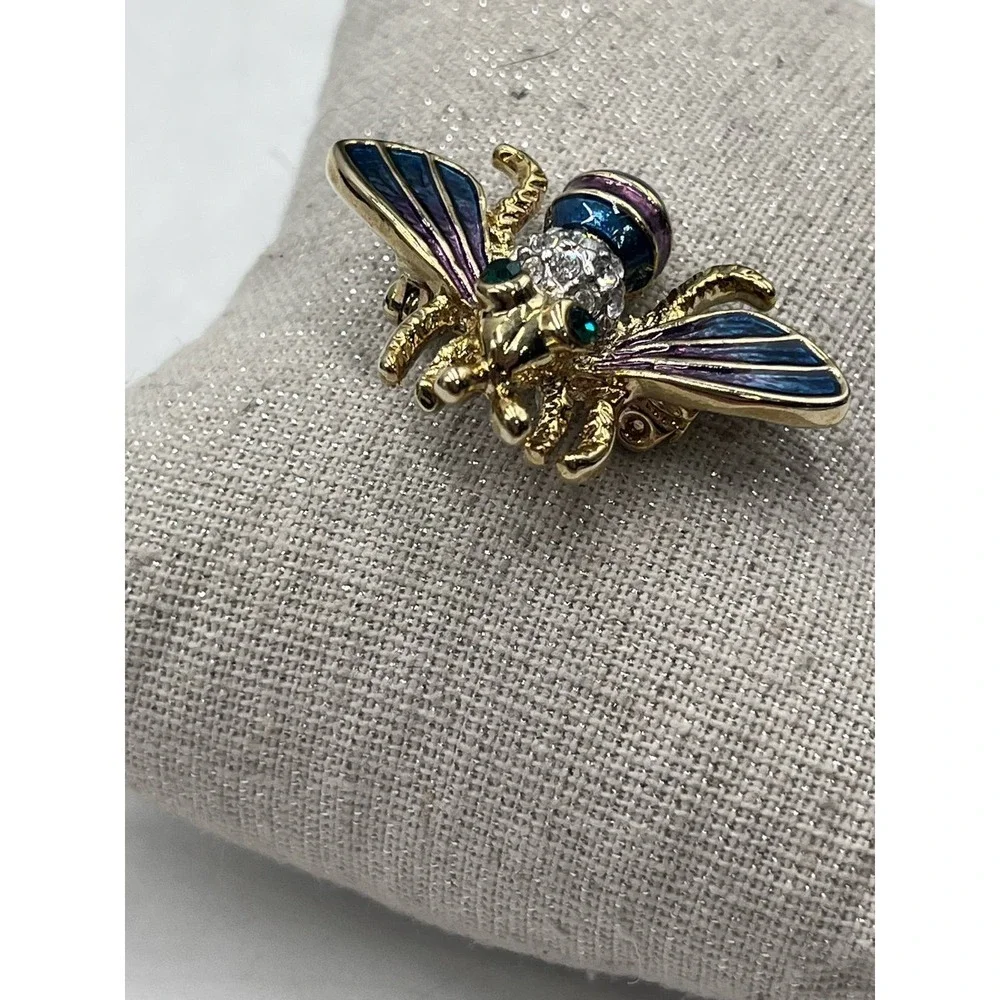 Bumble Bee Multicolor‎ Blue Purple Enamel Gold Tone Brooch